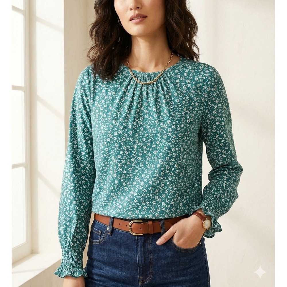 J.Crew Shirred-Neck Blouse Long-Sleeve Floral Print Green Small